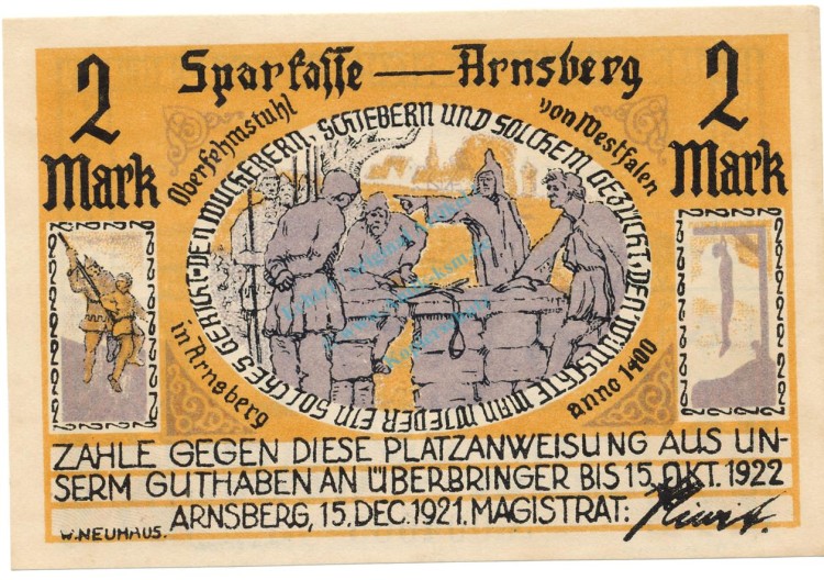 Arnsberg , Notgeld 2 Mark Schein unc-kfr. M-G 42.2 , NRW 1921 Seriennotgeld -5767-