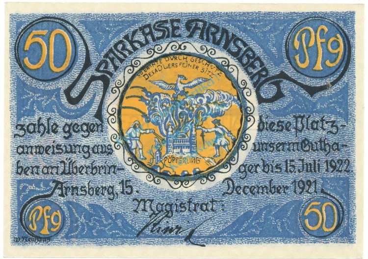 Arnsberg , Notgeld 50 Pfennig Schein unc-kfr. M-G 42.1 , NRW 1921 Seriennotgeld -5772-