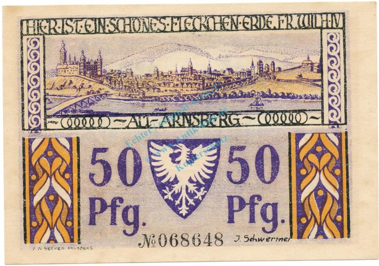 Arnsberg , Notgeld 50 Pfennig Schein unc-kfr. M-G 42.2 , NRW 1921 Seriennotgeld -5765-
