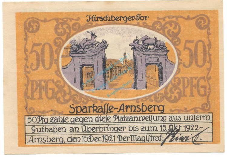 Arnsberg , Notgeld 50 Pfennig Schein unc-kfr. M-G 42.2 , NRW 1921 Seriennotgeld -5765-