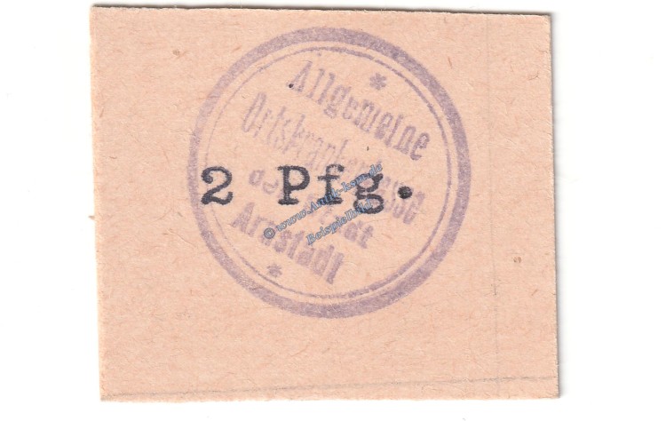Arnstadt AOK , Notgeld 2 Pfennig Schein in kfr. Tieste 0200.05.11 , Thüringen o.D. Verkehrsausgabe