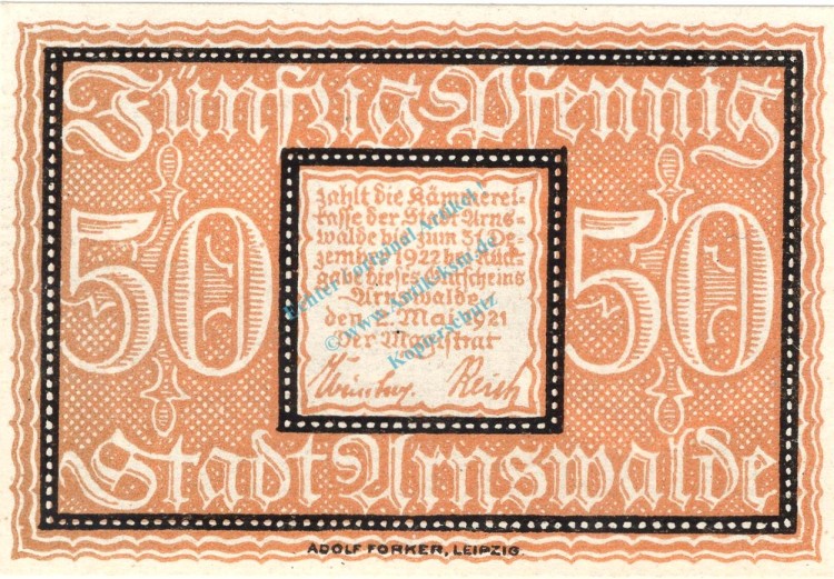 Arnswalde , Notgeld 50 Pfennig Schein unc-kfr. Ti.0205.05.36 , Brandenburg 1921 Verkehrsausgabe