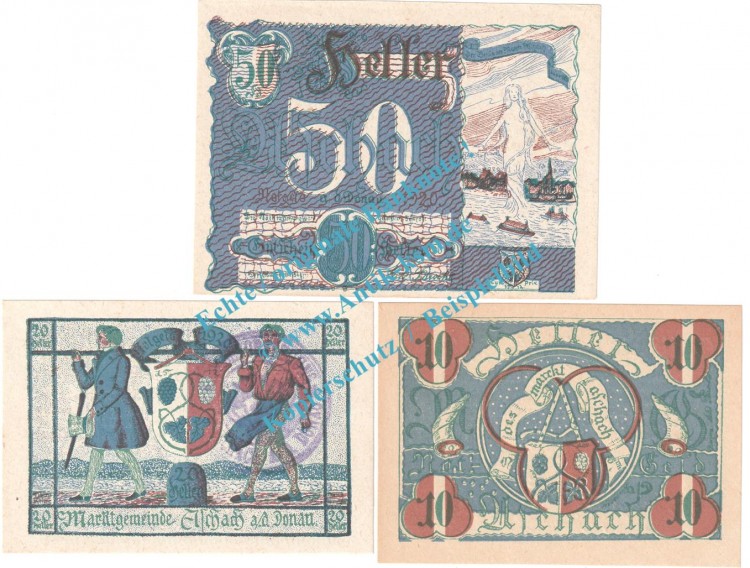 Aschach a.d.D. Notgeld Set mit 3 Scheinen in kfr. K-K 53.II.a , Oberösterreich o.D.