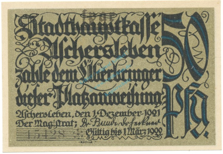 Notgeld Aschersleben , 50 Pfennig Schein Nr 2 , kräftig blau , Mehl Grabowski 50.5 a , von 1921 , Sachsen Anhalt Seriennotgeld