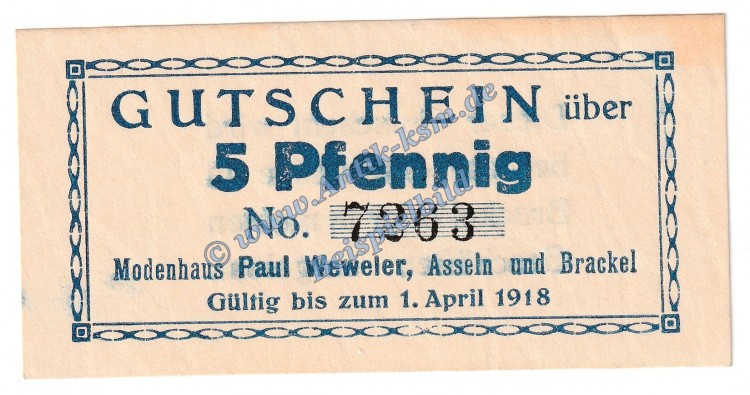 Asseln , Paul Weweler 5 Pfennig in kfr. Tieste 0235.05.01.a , Westfalen o.D.  Verkehrsausgabe