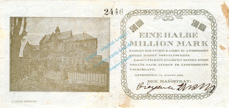 Attendorn , Banknote 1 halbe Million Mark Schein gbr-. Keller 171. Westfalen 1923 Inflation