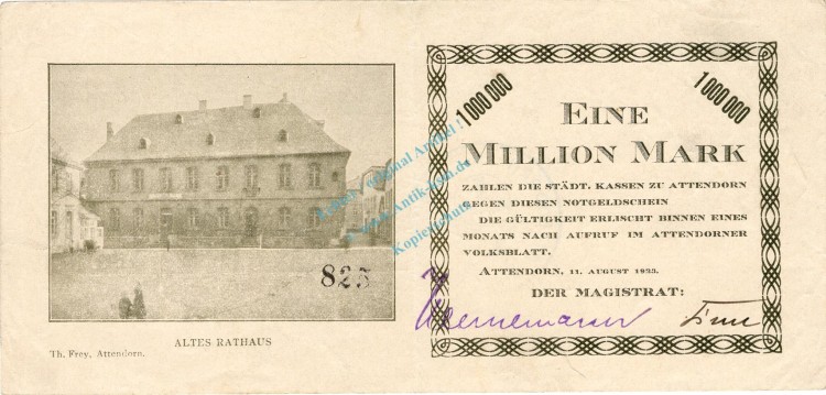 Attendorn , Banknote 1 Million Mark Schein gbr. Keller 171.a5 , Westfalen 1923 Inflation