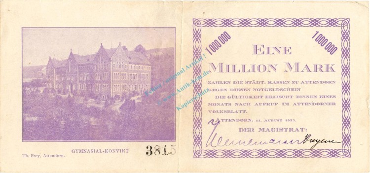 Attendorn , Banknote 1 Million Mark Schein gbr. Keller 171.a6 , Westfalen 1923 Inflation