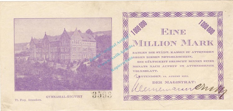 Attendorn , Banknote 1 Million Mark Schein gbr Keller 171.a6 , Westfalen 1923 Inflation