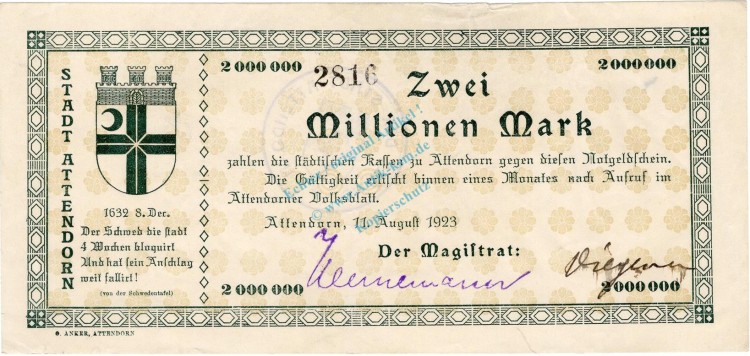 Attendorn , Banknote 2 Millionen Mark Schein L-gbr. Keller 171.a8 , Westfalen 1923 Inflation