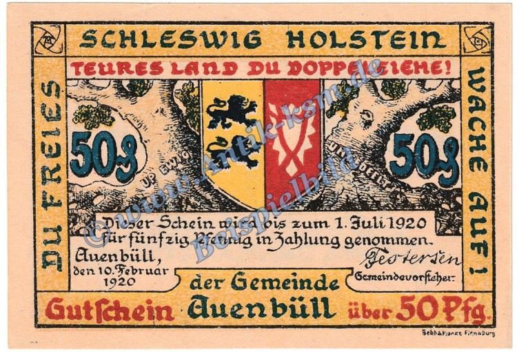 Auenbüll , Notgeld 50 Pfennig -Löwe schwarz- Schein in kfr. M-G 52.3.b , Schleswig 1920 Seriennotgeld
