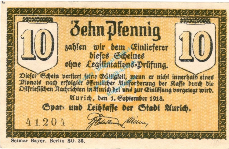 Aurich , Notgeld 10 Pfennig -Antiqua- unc-kfr. Ti.0270.10.16 , Niedersachsen 1918 Verkehrsausgabe