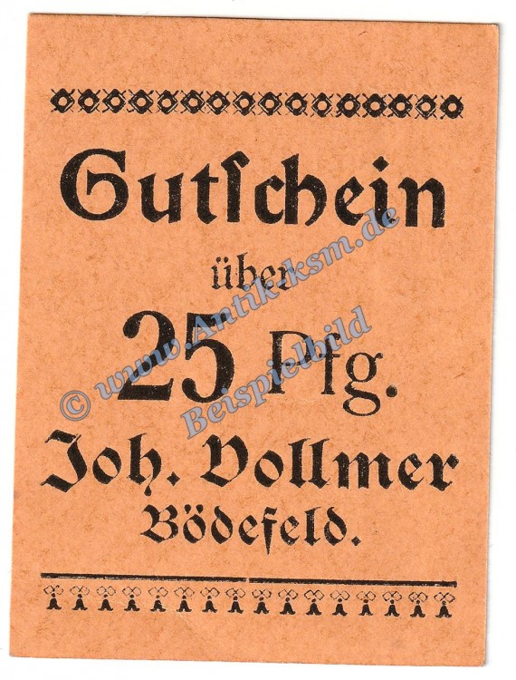 Bödefeld , Notgeld -Vollmer- 25 Pfennig Schein in kfr. Tieste 0805.50.06 , Westfalen o.D. Verkehrsausgabe