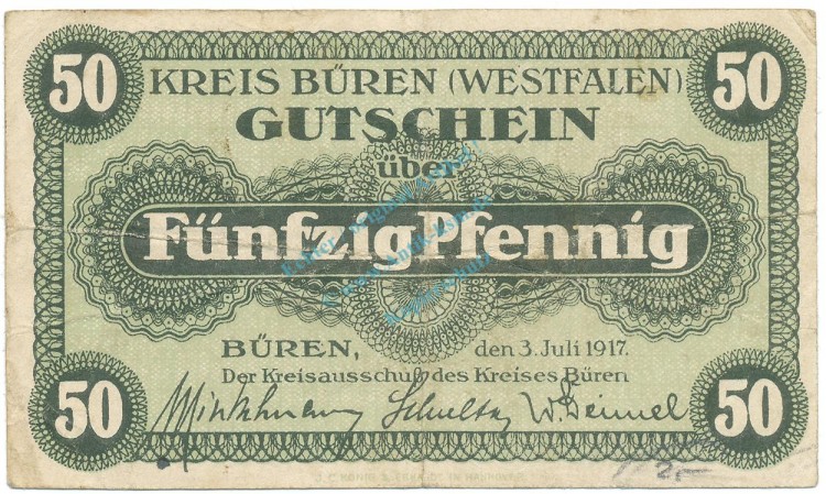 Büren , Notgeld 50 Pfennig Schein gbr. Ti.1010.05.05 NRW 1917 Verkehrsausgabe -4238-