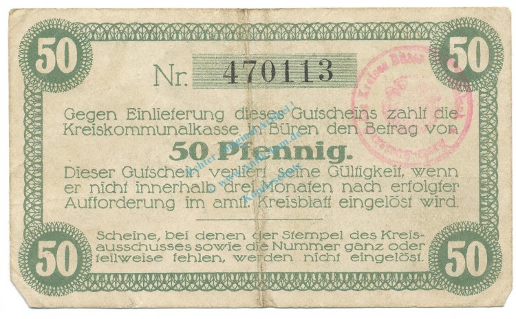 Büren , Notgeld 50 Pfennig Schein gbr. Ti.1010.05.05 NRW 1917 Verkehrsausgabe -4238-