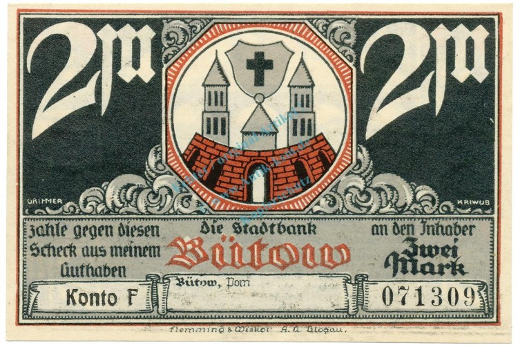 Bütow , Notgeld 2 Mark Schein -WZ- unc-kfr. M-G 204.2 , POM o.D. Seriennotgeld -5725-