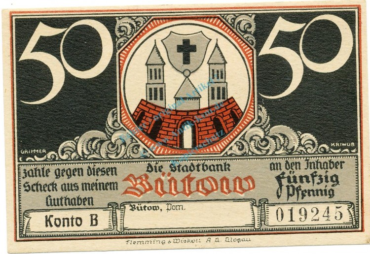Bütow , Notgeld 50 Pfennig -Fehldruck- unc-kfr. M-G 204.1 , POM 1922 Seriennotgeld -5722-