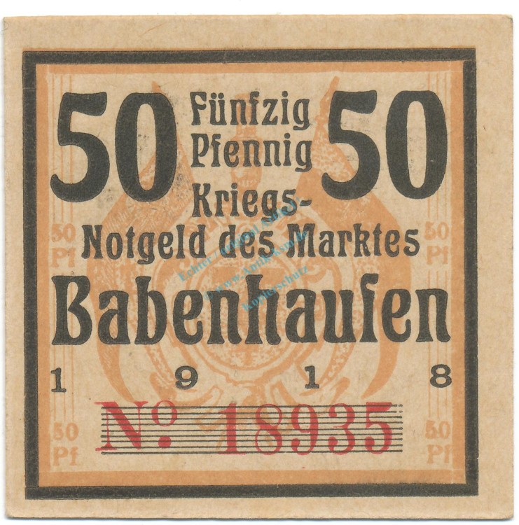 Babenhausen , Notgeld 50 Pfennig Schein unc-kfr-. Ti.0275.05.20 , BAY 1918 Verkehrsausgabe -4235-