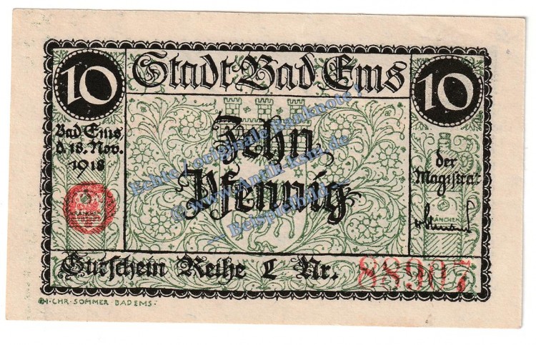 Bad Ems , Notgeld 10 Pfennig Schein in kfr. Tieste 1715.05.15 , Hessen 1918 Verkehrsausgabe