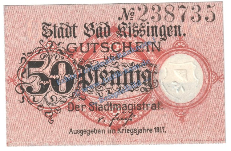 Bad Kissingen , Notgeld 50 Pfennig Schein in kfr. Tieste 3505.05.05 , Bayern 1917 Verkehrsausgabe