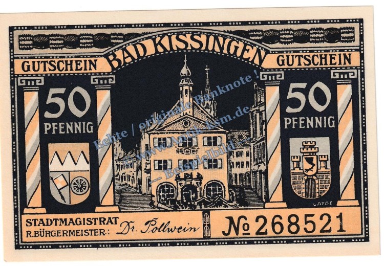 Bad Kissingen , Notgeld 50 Pfennig Schein in kfr. Tieste 3505.05.35 , Bayern 1920 Verkehrsausgabe