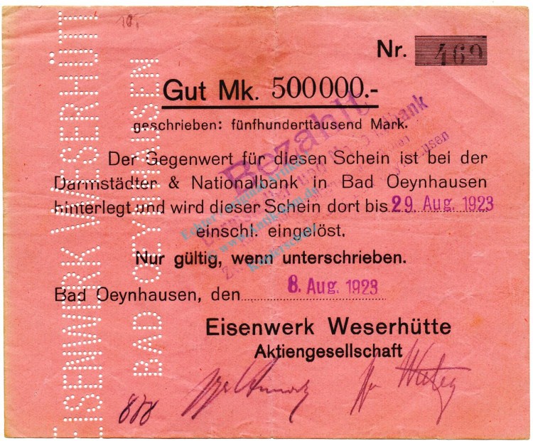 Bad Oeynhausen , Banknote 500.000 Mark Scheck gbr. Keller 4118... Westfalen 1923 Inflation 3583