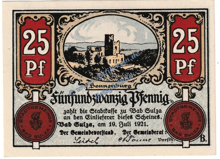Bad Sulza , Notgeld 25 Pfennig -B- o.Gült. in kfr. M-G 1304.1.b , Thüringen 1921 Seriennotgeld
