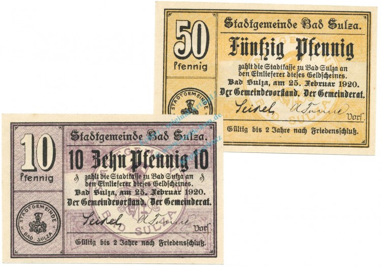 Bad Sulza , Notgeld Set 2 Scheine unc-kfr. Ti.7230.05.20-21 S 1920 Verkehrsausgabe -4317-