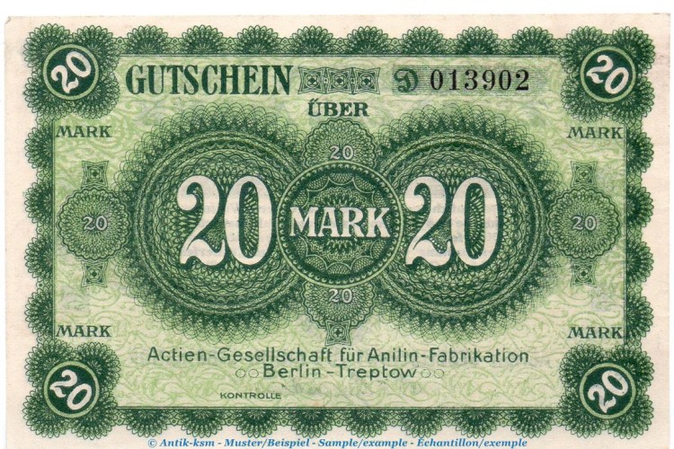 Banknote -Agfa- Berlin Treptow , 20 Mark Schein in kfr. Geiger 041.03.a von 1919 , Brandenburg Großnotgeld
