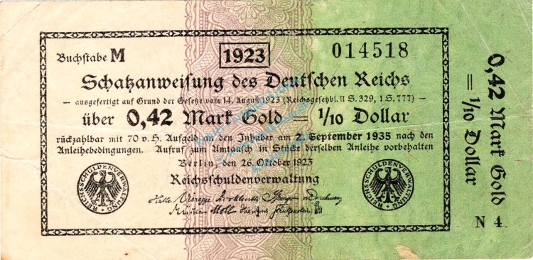 Banknote , 0,42 Mark Gold in gbr. WBN-12, Ros.142, P.152 von 1923 , Wertbeständiges Notgeld