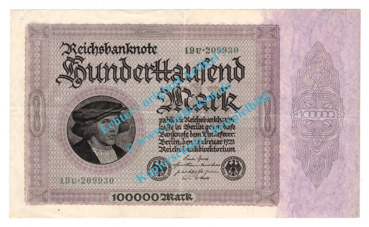 Banknote , 100.000 Mark KN -schwarzgrün- in gbr. DEU-93.e, Ros.82, P.83, Weimarer Republik - InflationBanknote , 100.000 Mark KN -schwarzgrün- in gbr. DEU-93.e, Ros.82, P.83, Weimarer Republik - Inflation