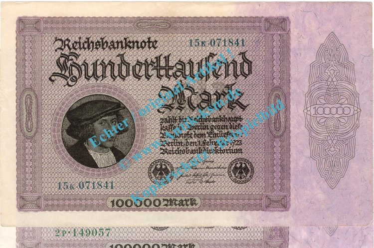 Banknote , 100.000 Mark KN -schwarzgrün- in kfr. DEU-93.e, Ros.82, P.83, Weimarer Republik - Inflation