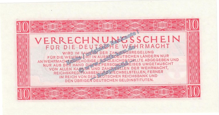 Banknote , 10 Mark Scheine in kfr. DWM-10, Ros.513, M40 , deutsche Wehrmacht 1944 3.Reich