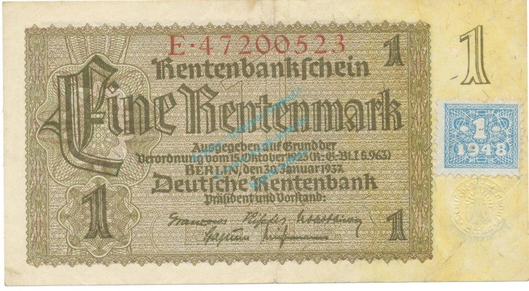 Banknote , 1 Mark Schein -Kupon- gbr. SBZ-1b, Ros.330, P.1, DDR 1948 Alliierte Besatzung