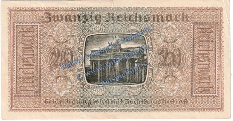 Banknote , 20 Reichsmark Schein in L-gbr. ZWK-5.a, Ros.554, P.139 , o.D. Drittes Reich - Reichskreditkasse