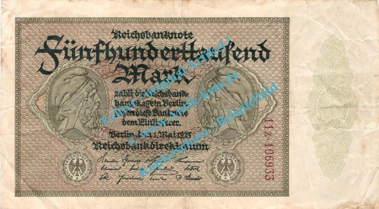Banknote , 500.000 Mark Schein in gbr. DEU-99.g, Ros.87, P.88 , Weimarer Republik 1923 Inflation