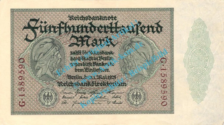 Banknote , 500.000 Mark Schein in kfr. DEU-99.c, Ros.87, P.88 , Weimarer Republik 1923 Inflation