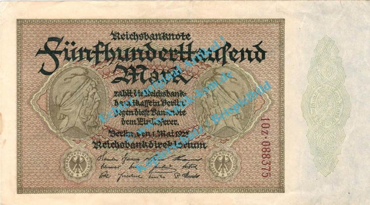 Banknote , 500.000 Mark Schein in L-gbr. DEU-99.g, Ros.87, P.88 , Weimarer Republik 1923 Inflation