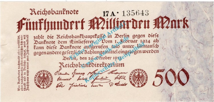 Banknote , 500 Milliarden Mark Schein in kfr. DEU-152.b, Ros.124, P.127, Weimarer Republik 1923 InflationBanknote , 500 Milliarden Mark Schein in kfr. DEU-152.b, Ros.124, P.127, Weimarer Republik 1923 Inflation