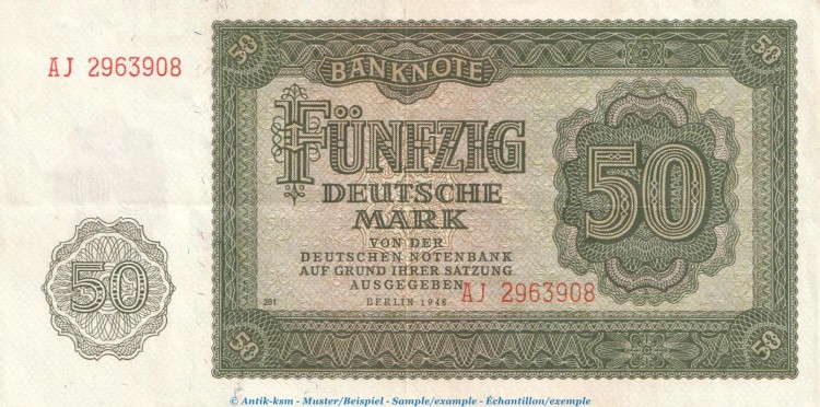 Banknote , 50 Mark Schein in gbr. DDR-7.a, Ros.345, P.14 , von 1948 , Deutsche Notenbank