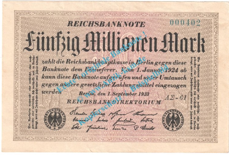 Banknote , 50 Millionen Mark -KN blau- in gbr. DEU-123.i P.109, 1923 Inflation