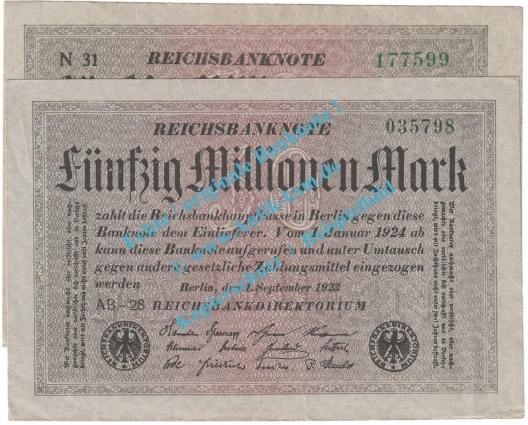 Banknote , 50 Millionen Mark -KN schwarz- in gbr. DEU-122... P.109, 1923 Inflation
