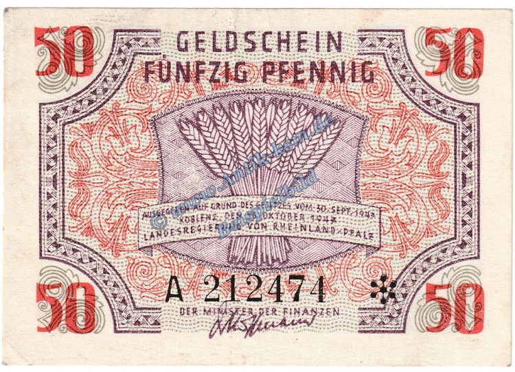 Banknote , 50 Pfennig Schein in kfr. FBZ-6, Ros.213, S.1006 , Rheinland Pfalz , Französische Besatzungszone 1947 -Z-
