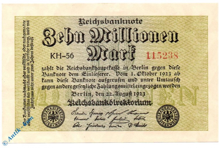 Banknote über 10 Millionen Mark Schein -Hakensterne-  in kfr. DEU-118 g , P 106 , von 1923 , Deutsches Reich , Inflation