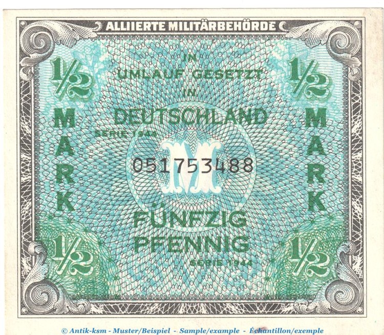 Banknote über 1 halbe Mark , AMB-1.a, Ros.200, P.191 US-Druck , Alliierte Banknote von 1944