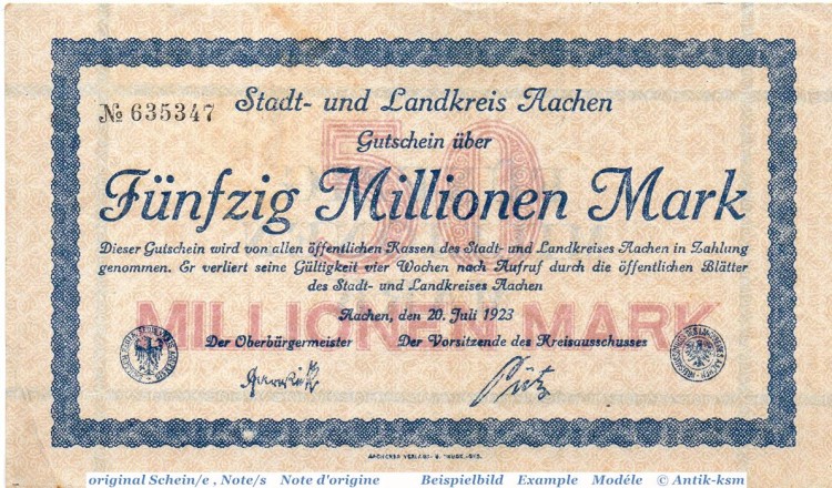 Banknote Aachen , 50 Millionen Mark Schein in gbr. Keller 1.b , 20.07.1923 , Rheinland Großnotgeld Inflation