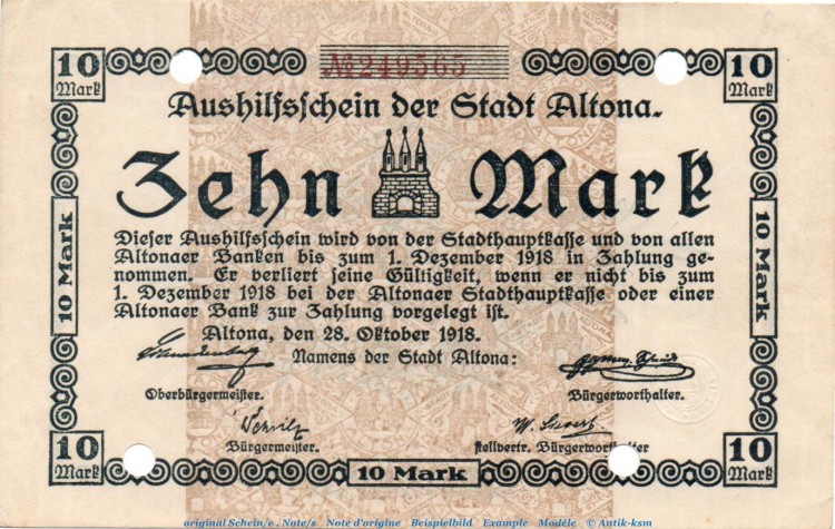 Banknote Altona , 10 Mark Schein in f-kfr.E , Geiger 012.01 , 28.10.1918 , Schleswig Holstein Großnotgeld