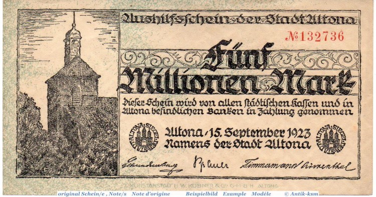 Banknote Altona , 5 Millionen Mark Schein in gbr. Keller 79.e , 15.09.1923 , Schleswig Holstein Großnotgeld Inflation