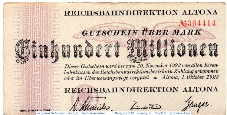 Banknote Altona , Reichsbahn , 100 Millionen Mark Schein in gbr. Keller 80.i , 01.10.1923 , Schleswig Holstein Inflation