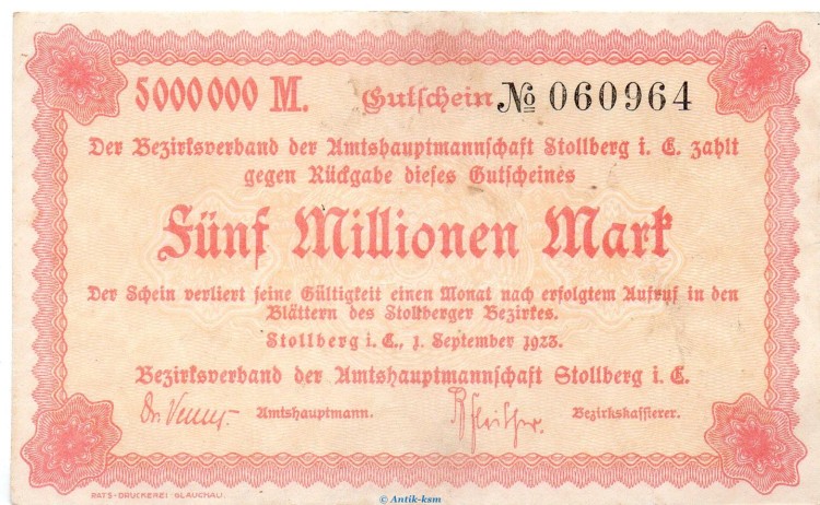 Banknote Amtshauptmannschaft Stollberg , 5 Million Mark Schein in f-kfr. Keller 4892.e von 1923 , Sachsen - Inflation